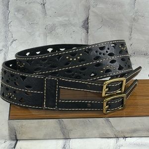 Black Genuine Leather Wide Belt Laser Cut Brass Studded and Brass Double Buckle